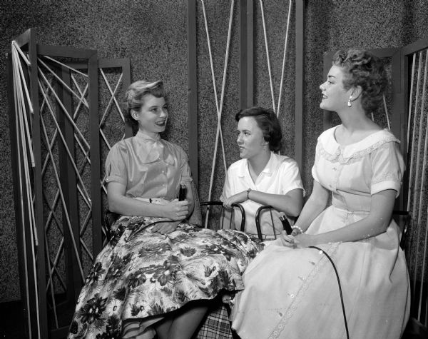 Diane Barber (left), Judy Dale, and Jean Campbell Ellsworth rehearse for "Reflections of Youth," a television program on WHA.