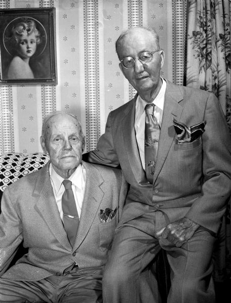 Portrait of eighty-nine-year-old Frank Morgan with his seventy-eight-year-old brother-in-law Carl Malee. They were honored at a family dinner at the home of Frank's son, Charles H. Morgan.