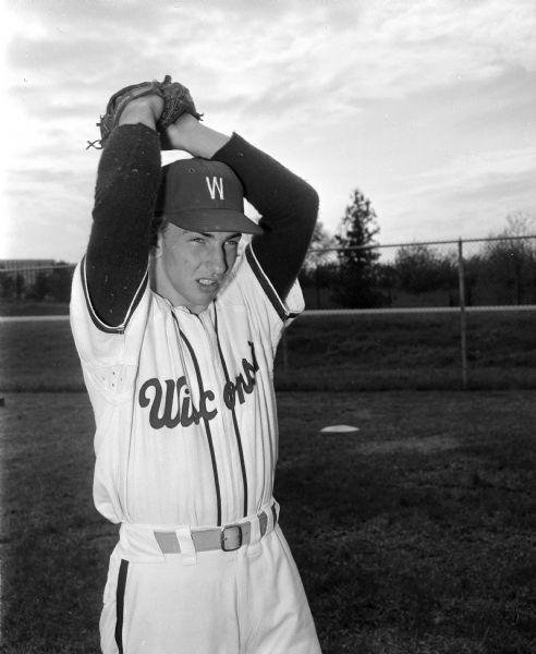 University of Wisconsin baseball player prepares to pitch the ball.