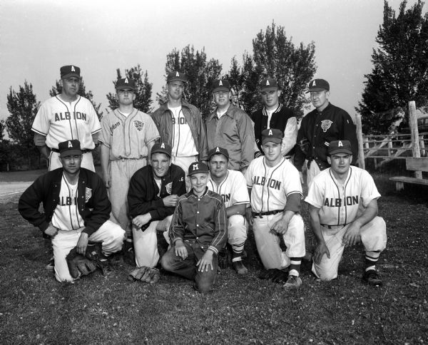 Group portrait of the Albion Home Talent League baseball team.
