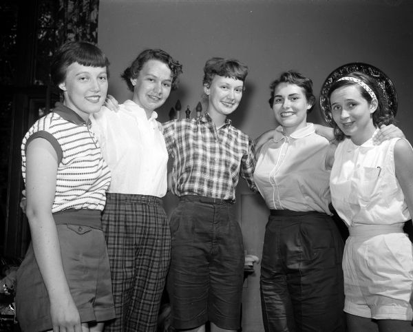 High school girls assist at summer church schools of the Episcopal Church. Left to right: Elizabeth Krug of St. Andrew's; Susan Simmons of St. James' in Milwaukee; Jane Simmons of St. James' in Milwaukee; Constance Quick of Zion parish in Oconomowoc; and Susan Withey of St. Andrew's in Kenosha.