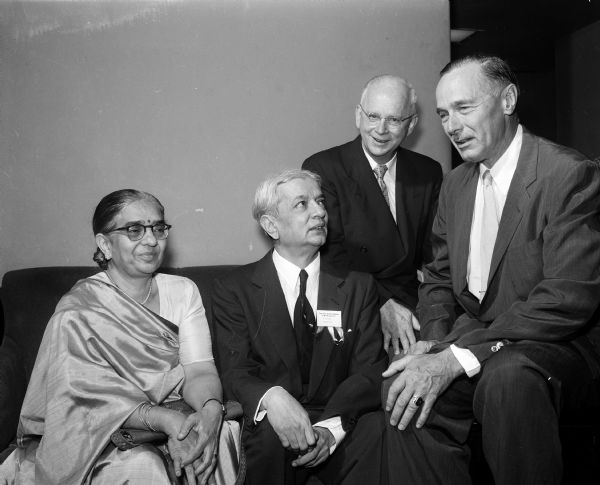Guest speaker at the Students from India Attending Mid-Western Colleges and Universities convention is G.L Mehta, second from left, India's ambassador to the United States. Others, left to right: the ambassador's wife; Professor Ira. L. Baldwin, vice president of academic affairs at the University of Wisconsin; and Don Anderson, publisher of the <i>Wisconsin State Journal</i> and chairman of the international committee of the Madison Rotary Club.