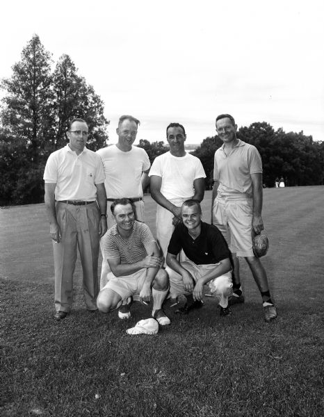 Group portrait of six golfers who shot par or under during the last round of the Madison city golf tournament at Blackhawk Country Club. Standing, left to right, are: Bob Van Etten, Walter Atwood, Steve Caravello, and Harry Simonson (champion). Kneeling are Jack Reif and Jack Allen.