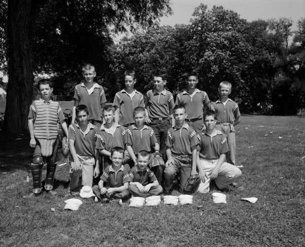 Group portrait of the Shamrocks team of the West Midget Wingra League of the Madison Boys Baseball Program.