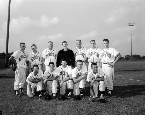 Outdoor group portrait of the Middleton Home Talent Baseball League team.