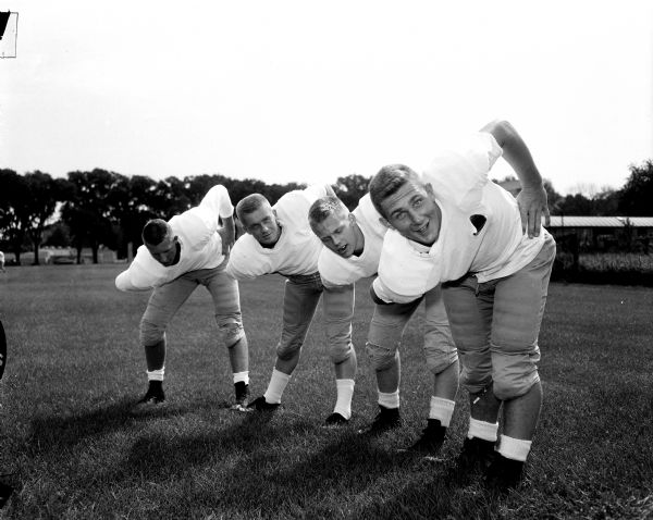 Four Wisconsin High School lettermen go through calisthenics at the first football practice. They are Fred Roever, Bill Lindsey, Tom Heebink, and Dick Pauley.