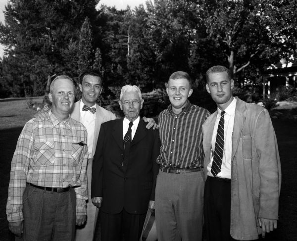 Five Madison Chi Psi fraternity members attending a picnic during their national convention. They include Francis Bowman, Robert Paunack, Louis Sumner, Walker Johnson, and Thomas Kilmer.