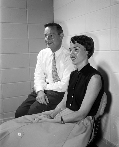 Portrait of two new eighth grade teachers at Cherokee Heights school; they are Robert G. Elsom of 3000 Plymouth Circle and Miss Elizabeth (Becky) Russell, daughter of Mr. and Mrs. Eldon B. Russell, of 1021 Woodward Drive.