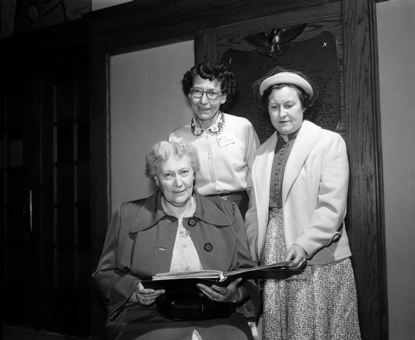 Left to right: Mrs. Marden A. (Leora) Phillips, 222 Walnut Street, chairman of high school services for the Wisconsin Congress of Parents and Teachers; Mrs.  Gordon (Violet) Burgess, 947 Lawrence Street, program chairman for the Madison PTA council; and Mrs. Harold (Lisetta) Lautz, 4 Roby Road, historian of the West High PTA and chairman of pre-school services for the state PTA organization.