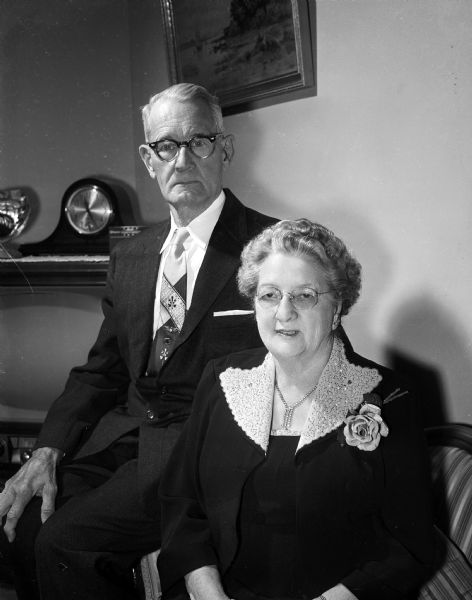 Portrait of Mr. and Mrs. Rowland H. (Mae) Morrison of 30 South Meadow Lane on the celebration of their golden wedding anniversary.