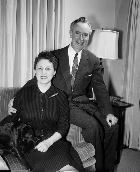 Portrait of Governor Vernon Thomson, his wife Helen, and their dog.