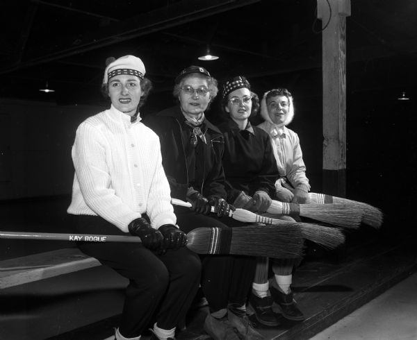 Kay Bogue rink of Portage, at the Madison bonspiel. Pictured are Kay Bogue, Helen Bennett, Joan Trickey, and Kathy Haas.