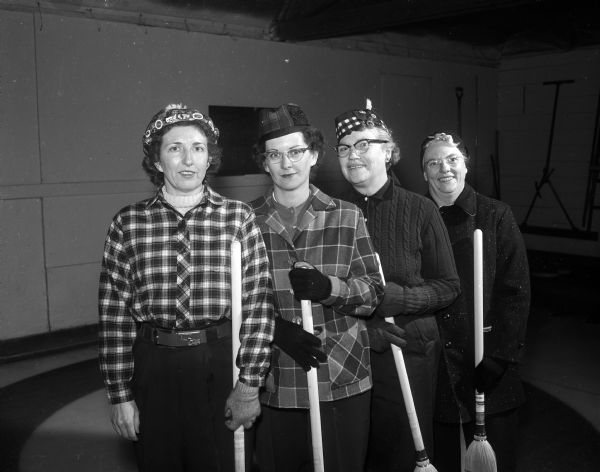Celia Stevenson rink of Poynette at the Madison bonspiel. Shown left to right: Celia Stevenson, Shirley Emerson, Kay Trenary, and Eileen Johnson.