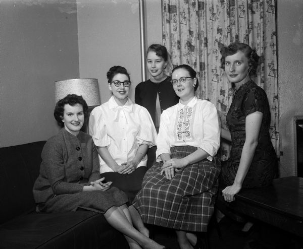 Group portrait of the officers of the Association for Childbirth Education which sponsored a lecture series. The officers, left to right, are: Louise Thomas, membership-social chairman; Dore Gormezano, vice-president; Tana Godfriaux, historian; Mrs. Lee H. Smook, secretary-treasurer; and June Bauhs, president.