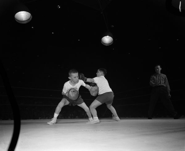 Two small boys wearing large boxing gloves face off while standing in widely spaced low boxing stances. Tom Corcoran throws a left to the belly, while Tom Bosold sends a left jab to the ear.