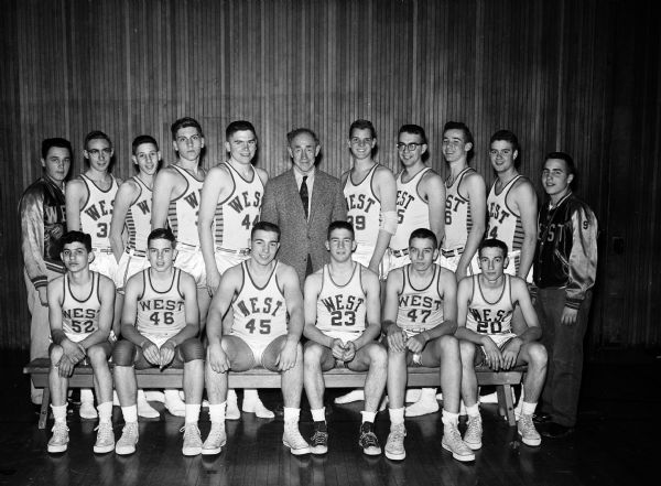 Group portrait of the Madison West High School sophomore basketball team.