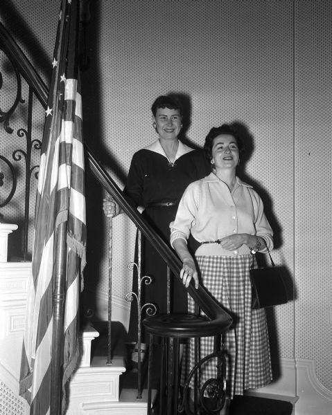 Mrs. Robert B. L.(Arabel) Murphy of 806 Ottowa Trail and Mrs. Steven E. (Kathy) Gavin of 4178 Nakoma Road tour the governor's executive residence at 101 Cambridge Road. They are friends of Governor and Mrs. Vernon W. Thomson who resided in Nakoma when he was attorney general.