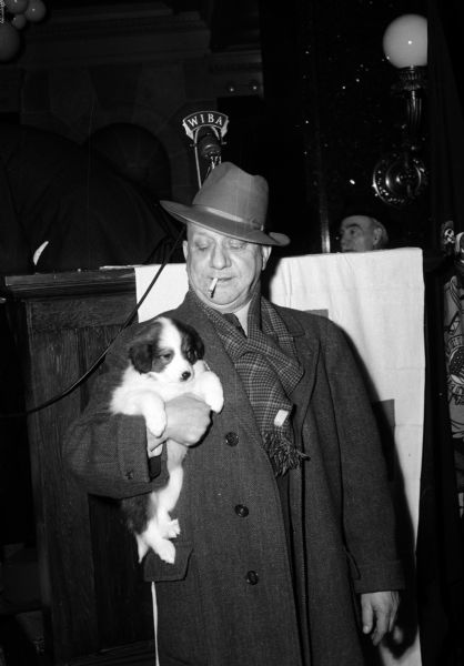 An unidentified man, with a cigarette in his mouth, is holding a Collie puppy up for auction at Governor Walter Goodland's dog sale.