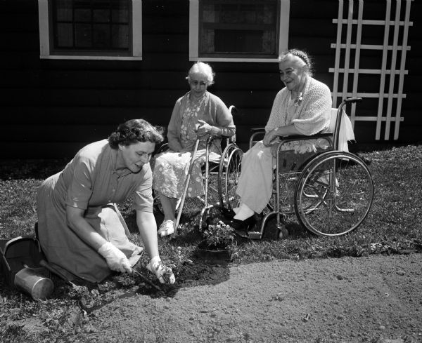 Altrusa Club member Emma Rice, in a dress and on her knees, planting a flower garden at Agehaven Nursing Home on Bridge Road, as residents Louise Cook and Nora Widmann, both in wheelchairs, are looking on.