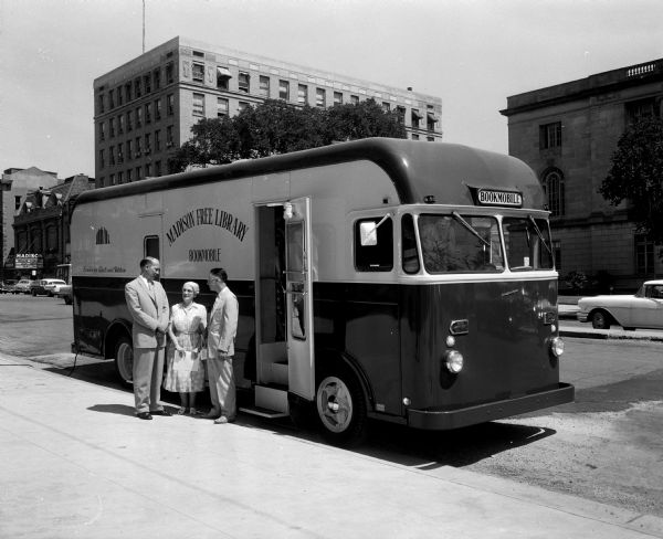 Exterior view of the new Madison Public Library bookmobile parked in front of the City-County building on Monona Boulevard.