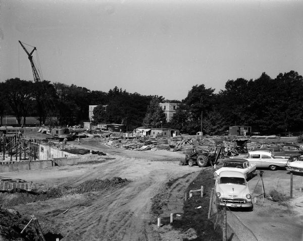 Construction site of the University of Wisconsin Holt dormitory on Elm Drive.
