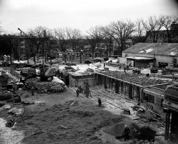Elevated view of Chadbourne Hall under construction on the University of Wisconsin campus. The building will house 678 female students. The structure will cost $3,160,500. The new hall replaces an 84-year-old building which housed 125 women.