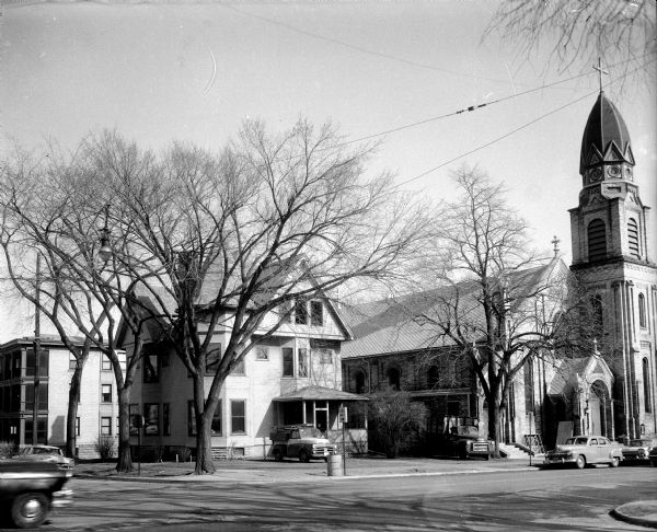 Exterior view of St. Patrick's Church at 410 East Main Street and the nearby convent.