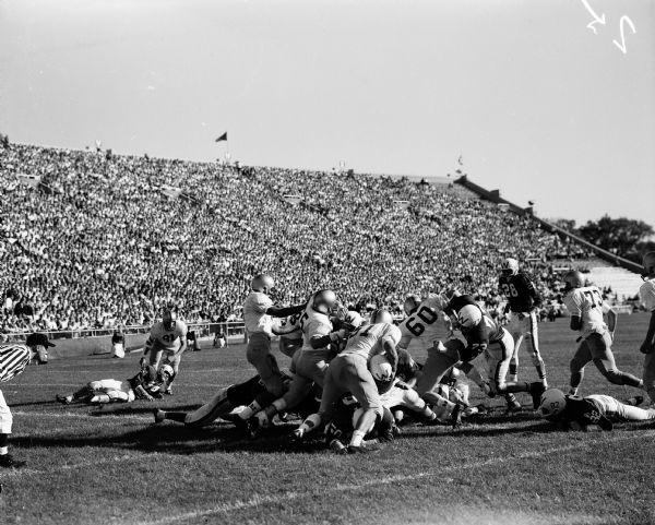 Action shot during the University of Wisconsin vs. Marquette football game at Camp Randall Stadium. Jon Hobbs dives over the goal line from yard out to provide Wisconsin with its second touchdown.