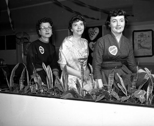 Three women attend a St. Valentine's Day tea given by the Truax Officer's Wives Club to welcome wives of officers newly assigned to Truax Field Air Force Base. The women include, from left to right: Mrs. J.W. Wells, Franchon Schneider, and Isabel Maddock.