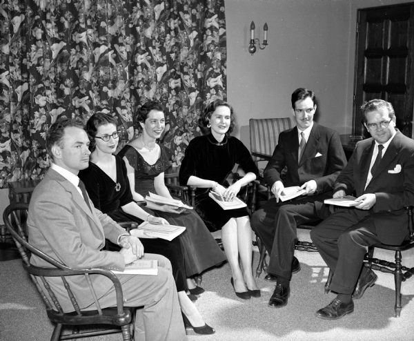 Portrait of the group of madrigal singers who performed at the Benefit Musicale at St. Francis House. They include, from left: Raleigh Williams, Ruth Horrall, Stillman (unknown first name), Grace Adolphsen, David Gammack of London, England, and Edward Sprague, group director.