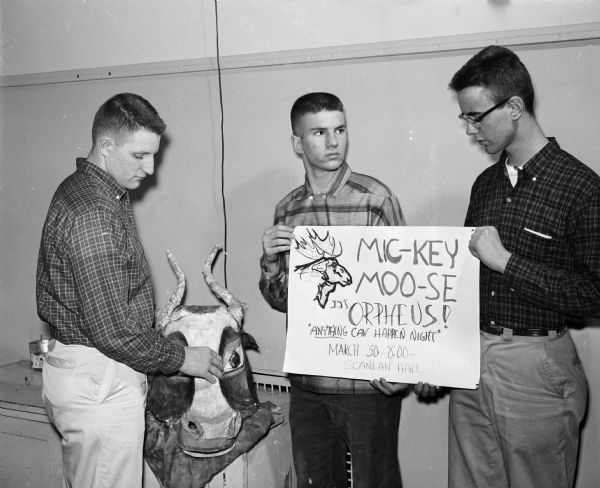 Group portrait of writers for the Orpheus Show at Wisconsin High School. The theme for the show was "Mickey Moose Club, Anything Can Happen Night." Pictured with Mickey, the moose, and a poster are, left to right: Fred Roever, Tom Combs, and Dick Regnichek. The show was put on by the school's Orpheus Club.