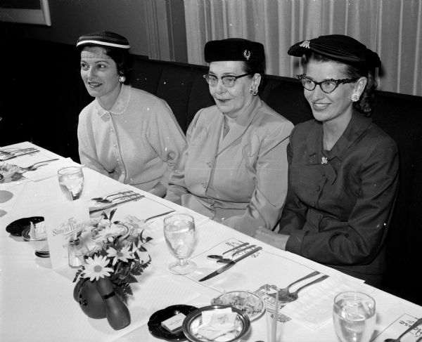Three new officers of the Women's Bowling Association sit at a table during the annual spring luncheon. From left are: Mrs. Harriet Kelley, vice-president; Mrs. Dorothy Nelson, secretary; and Mrs. Verla Caves.