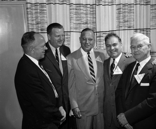 From left to right are Mayor Ivan Nestingen; Ted Melroy, West Side Business Men's Assn. president; Mel Von Eschen, East Side Business Men's Assn. president; and Gordon Libert, East Side Business Men's Assn. president. This public officials' night was staged by the Tri-Assn council of the East Side Business Men's Association, West Side Business Men's Association and the South Side Business Men's Association.
