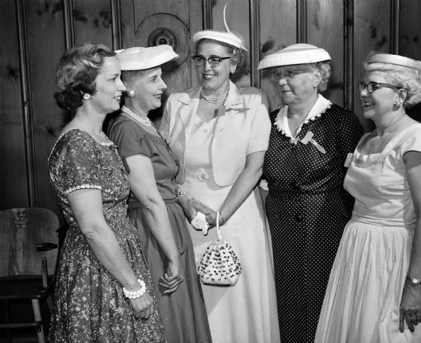 Ruth Klose, Margaret Heberlein, Hilda Gay, Grace McDonald, and Eunice Eikel attending a luncheon meeting of the Opti-Mrs. Club at Kennedy Manor.