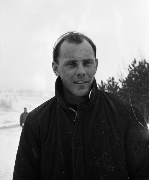 Keith Zuehlke of Eau Claire, age 25, captured Class A (senior) honors in the Blackhawk Ski club's 11th annual jumping tournament at Tomahawk Ridge, two and one-half miles west of Middleton off Highway 14. He was the 1956 national champion.