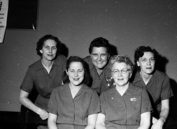 Group portrait of the Wisconsin-Felton team, new champions of the Madison Woman's Bowling Association. Left to right: Front - Audrey Geier and Lorene Keefe. Back - Dee Fix, Kelly Butterworth, and Bea Hein.