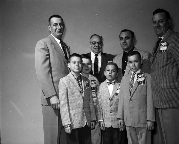 Boys present at a father-son banquet at Immanuel Lutheran Church include, front row, left to right, Larry Klimke, John Ziehlsdorff, and James Lazarz. Men in the back row: Arden Klimke, Walter Ramthun, Anton Lazarz and Marvin Olson.