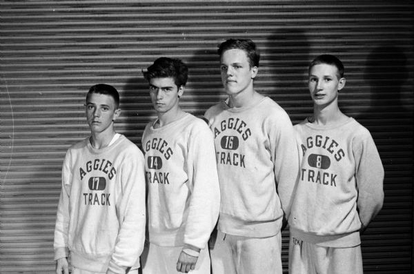 The Racine County Agricultural School sprint relay team won the Class B sprint relay. They include, from left to right, Johnny Durlin, Fred Klarr, Elmars Ezerins, and Lynn Lang.