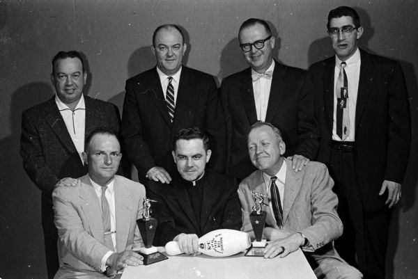 Bill Goeden was named Knights of Columbus Bowler of the Year for the 1957-58 season. He bowled for Goeden and Company. A group portrait of the team is in three other images.