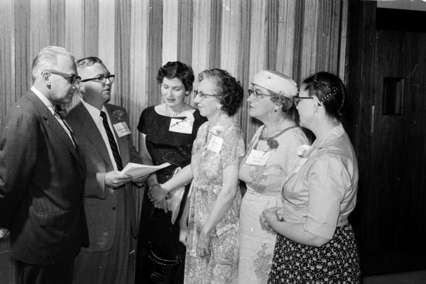 Attending the annual  the <i>Wisconsin State Journal</i> Correspondents' Conference are, left to right: Roy Matson, State Journal editor; Robert Bjorklund, farm editor; and correspondents, LaVerne Maves, Edgerton; Mrs. Earl Gest, DeForest; Mrs. C. H. Bartle, New Glarus; and Mrs. Robert Hemlock, Ft. Atkinson.
