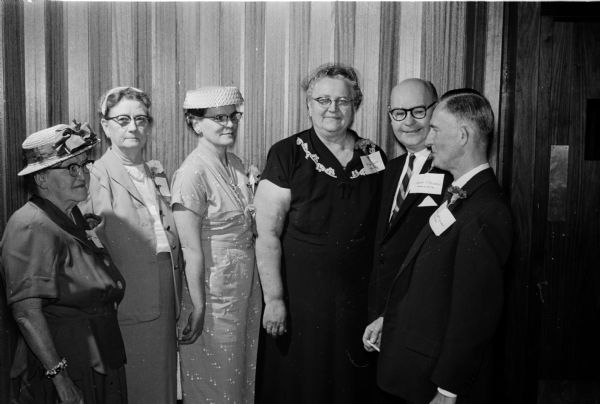Attending the annual the <i>Wisconsin State Journal</i> Correspondents' Conference are correspondents, left to right: Mrs. Lubin Short, Linden; Mrs. A.W. Pickering, Black Earth; Mrs. Delbert Felder, Bloomington; and Mrs. Aleda Bants, Soldiers Grove; with Wisconsin State Journal officials, Managing Editor Lawrence Fitzpatrick and State Editor Harold McClelland.
