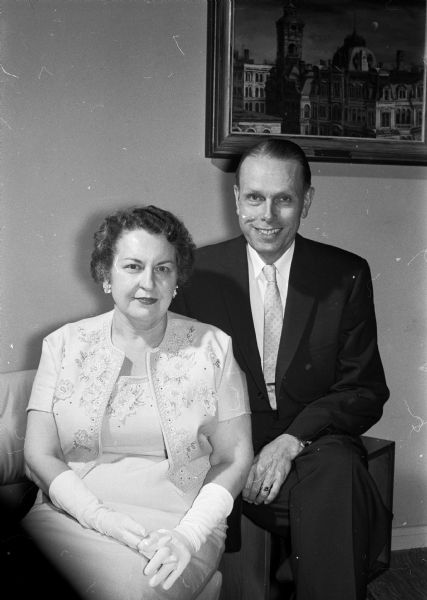 Constance and Conrad Elvehjem attend a Wisconsin Alumni Association Alumni Day banquet. Constance is being honored as the Association's "Alumna of the Year" and Conrad is the president elect of the University of Wisconsin.