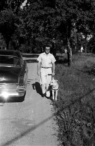 Gypsy, a guide dog at the Cambridge Double-A Guiding Dogs, Inc. School, walks next to his trainer, Burlee Rowe. Rowe is blindfolded to demonstrate his faith in the dog to guide him even if they were crossing a busy street.