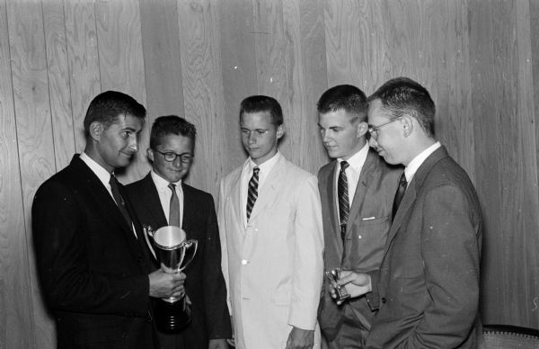 Winners of C Class honors during the 1958 Mendota Yacht Club season are pictured, left to right: Bill Mattison, John Rendall, Rick Wheeler, Fritz Kubly, and Bill Ela.