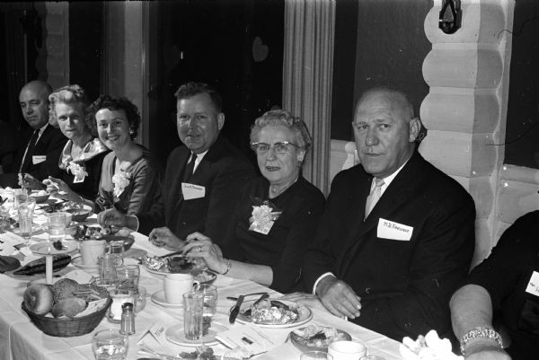 Employees of J.H. Findorff and Son were entertained at a dinner party at the Club Chanticleer. Hosts were Carol and John R. Findorff, left, and Leona and Milton B. Findorff, who has been with the company for 42 years.