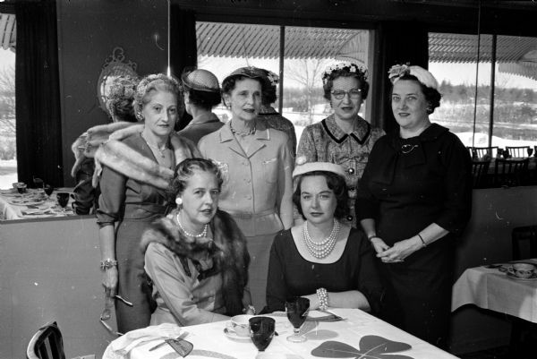Among the bowling enthusiasts at the Ladies' Golf-Bowling League luncheon are (seated): Marion Lange and Nadine Gibson. Standing left to right are: Edna Grant, Kathryn Johnson, Nora Peterson, and Helen Canfield.