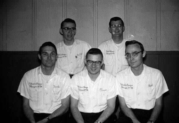 Group portrait of the Middleton Sport Bowl team, winners of the championships in the Madison Bowling Association's top two leagues. In front, left to right are: Chuck Medcraft, Elmer Heiser, and Bud Geier; in back are: Rollie Reinholtz and Fred Engelke, Jr.