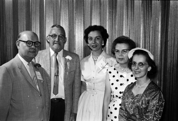 Managing editor Lawrence H. Fitzpatrick (left) poses with four state correspondents at the <i>Wisconsin State Journal's</i> annual correspondents' conference. From left are: George Shields, Highland; Mrs. Robert Patrick, Waunakee; Mrs. August C. Dahlk, Middleton; and Mrs. Phyllis Bryan, Verona.