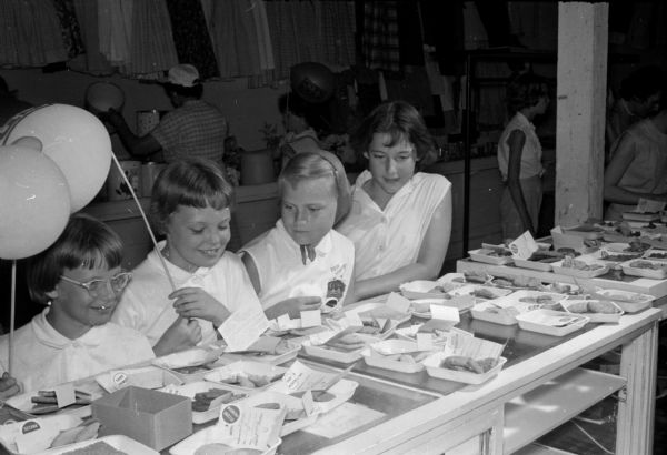 Awaiting cookie judging results at the 1959 Dane County Junior Fair are shown (left to right) Eileen Birkinbine, Nancy Birkinbine, Jo Ann Lothe, and Jane Wolf, all from Sun Prairie.
