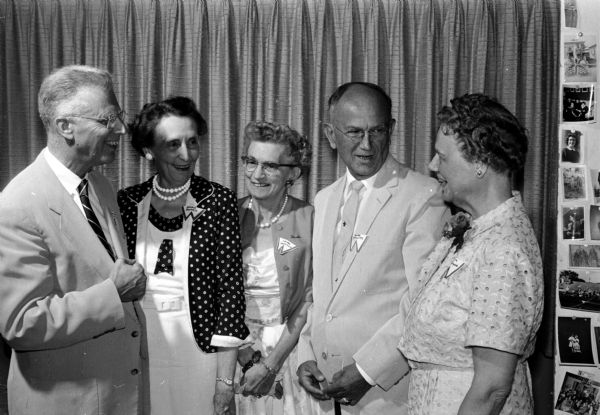 Five local graduates of Wisconsin High School visit at the class of 1942 reunion at the Cuba Club in Madison. From left are Robert C. Pooley, Jean Hoard, Laura B. Johnson, Burr W. Phillips, and Ruth M. Johnson.